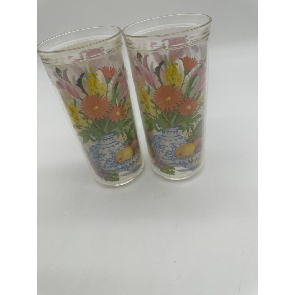 Genin Trudeau MCM Tumblers Drinking Glasses Acrylic Floral 70's Set of 2